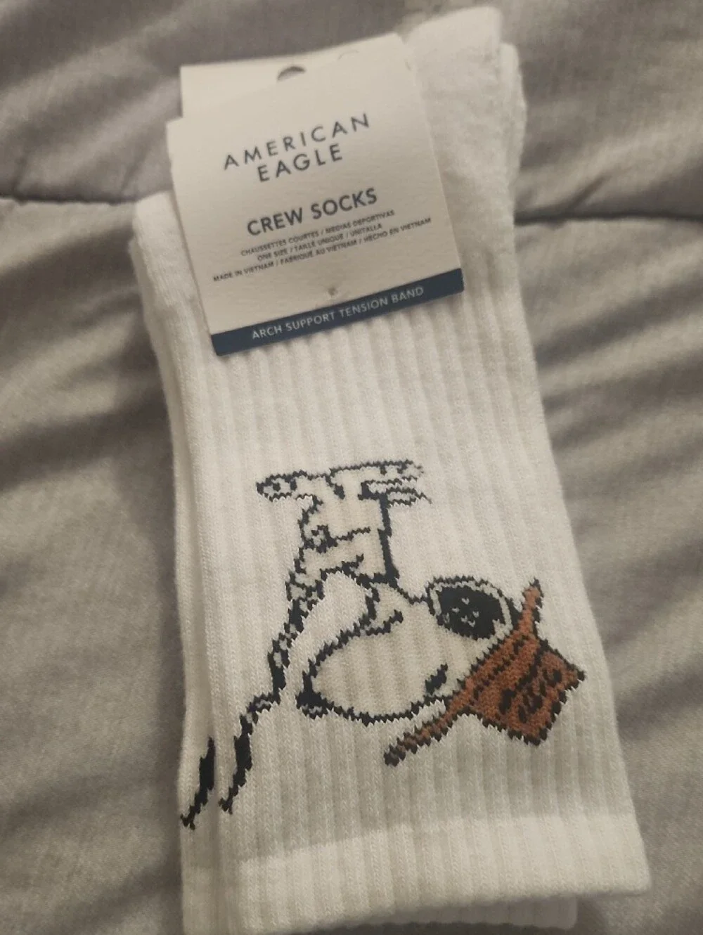 American Eagle Outfitters White Crew Socks with Orange Hat Snoopy Design